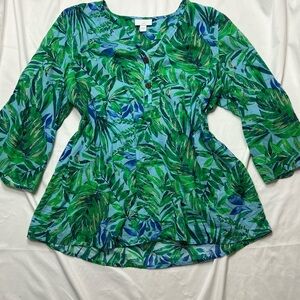J. Jill Blue & Green Leaf-Print Henley Tunic